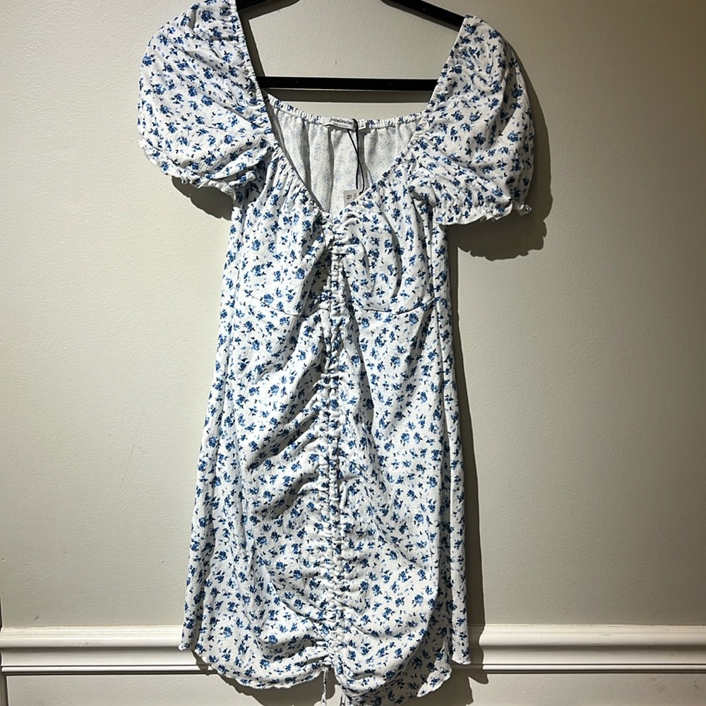 Stradivarius Shirred Mini Blue Floral Dress